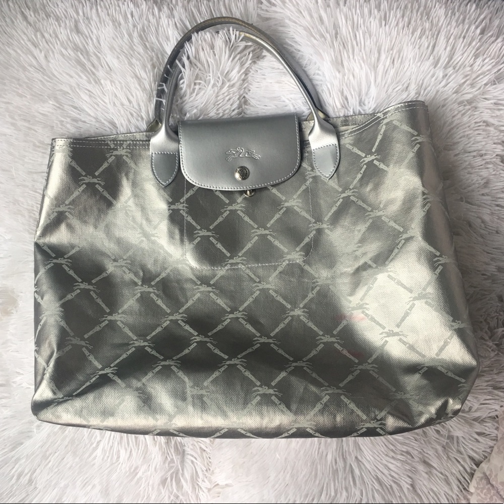 Longchamp Metallic Silver Logo Tote